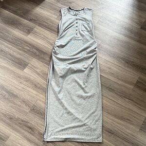 Athleta Maxi Dress Gray Stripes Tank Stretchy with Slits Large Summer Dress